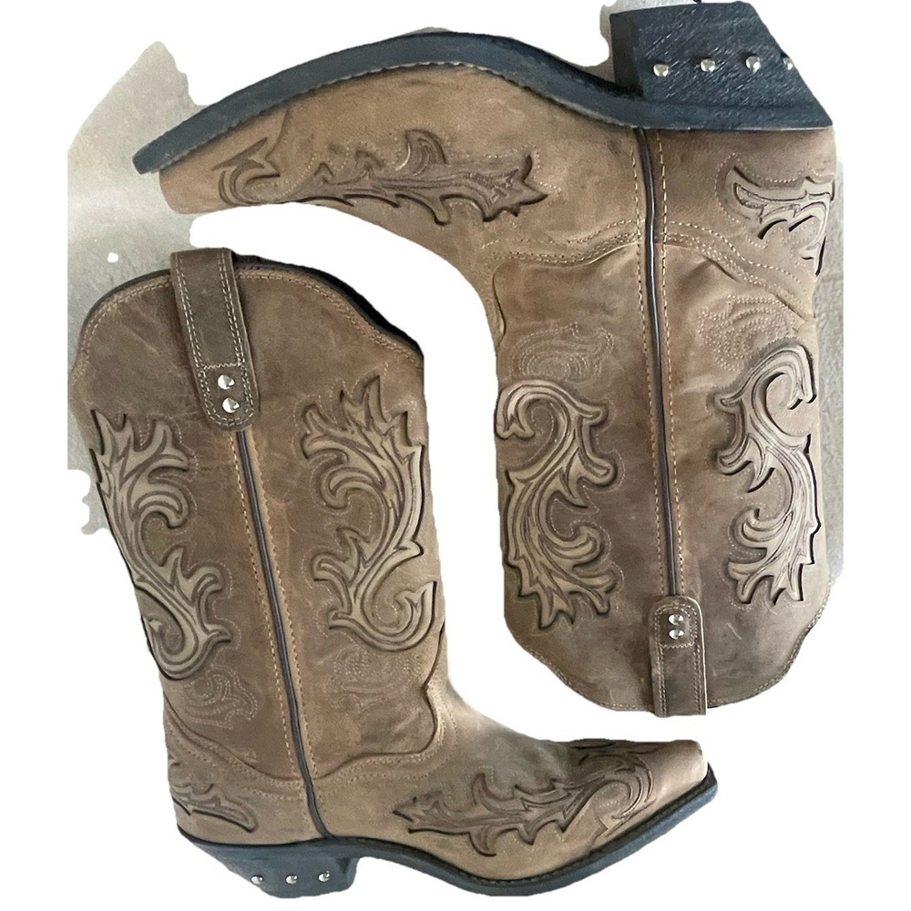 Rockin Country Brown Leather Cowboy Boots Womens Sz 9 Western Tall Shaft Rodeo - Picture 3 of 8